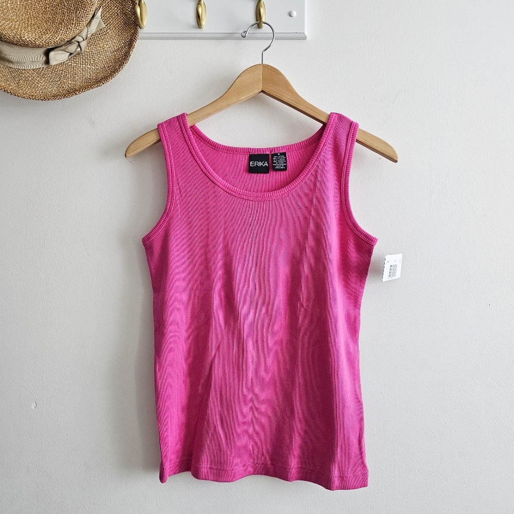 💕 ERIKA Ribbed Tank Top Bright Pink Sleeveless Cotton Blend NWT Size M